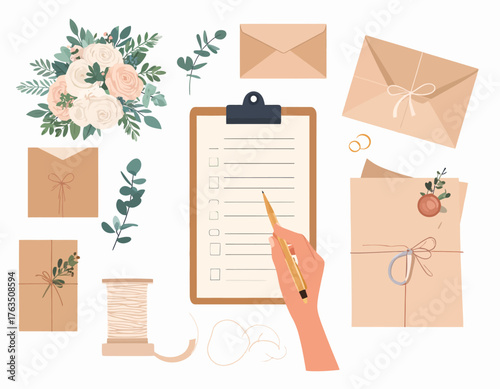 Flat lay of a hand holding a pencil over a clipboard checklist surrounded by envelopes flowers and twine on a white background with a mix of earthy tones and pastel colors.