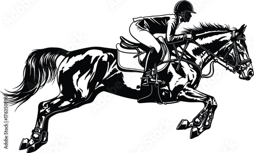 Silhouette of horse and rider jumping, equestrian sport motion, black figure posture, show jumping scene, cad drawing flat vector illustration