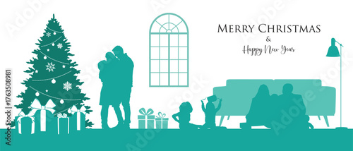 Happy Family Celebrating Christmas at Home with Christmas Tree and Gifts