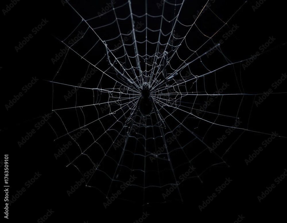 Obraz premium Eerie Spiderweb and Black Spider on Dark Background for Halloween Design Mockup