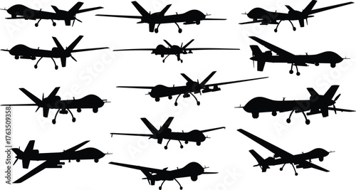 Silhouettes of military drones in multiple views, UAV aircraft layout, surveillance gear set, flat vector, cad drawing, aviation illustration
