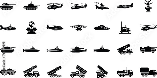 Silhouettes of military vehicles and equipment, defense hardware icons, black grid set, flat vector, cad drawing, combat technology illustration
