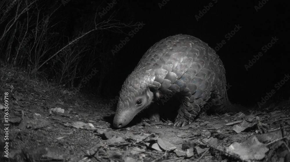 Obraz premium Scaly pangolin with long snout bends low to ground in monochrome, amidst shadowy woods