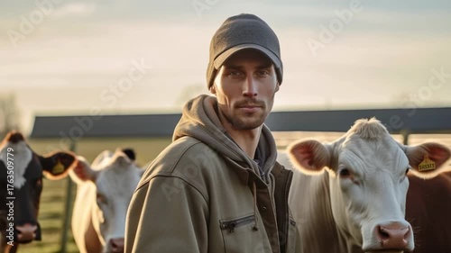 Farmer caring for cows on a sunny day in a rural setting during golden hour