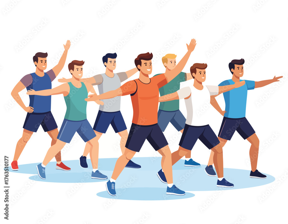 Obraz premium Illustration of a group of men in athletic wear performing a synchronized dance move in unison against a white background with a light blue shadow.