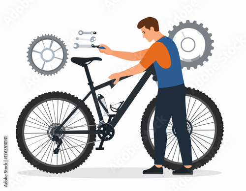 A man in a blue vest and orange shirt repairing a black bicycle with tools and gears in a clean white background.