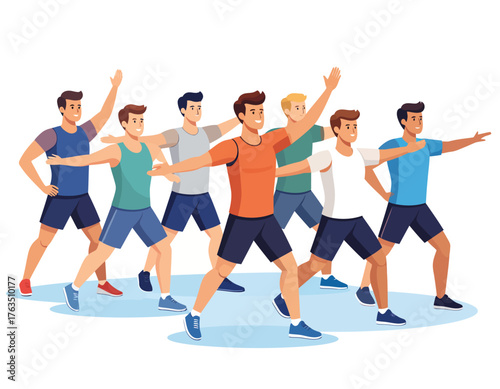 Illustration of a group of men in athletic wear performing a synchronized dance move in unison against a white background with a light blue shadow.