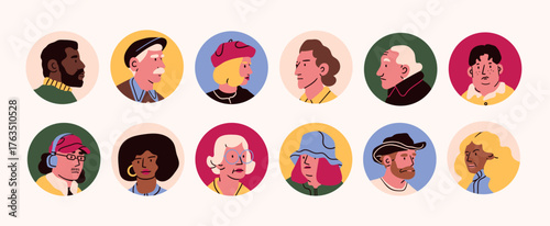 Diverse various people portraits, avatars. Different characters. Cartoon, abstract contemporary style. Round icon, logo, print, sticker templates. Hand drawn Vector illustration. Isolated clipart