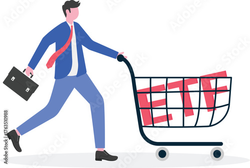 Three businessmen pushing a shopping cart filled with coin stacks and the letters E T F representing an illustration of Exchange Traded Fund

