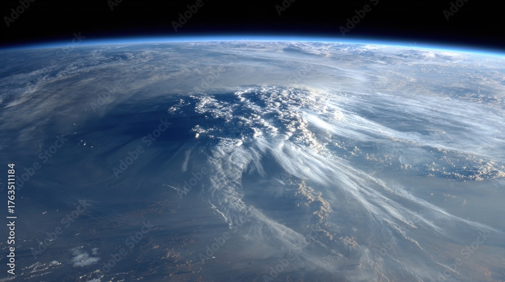 Fototapeta premium Stunning view of Earth from space, with clouds forming over a bright, hazy planet