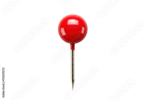 Isolated red pushpin is a short nail used for fastening objects to a surface or board