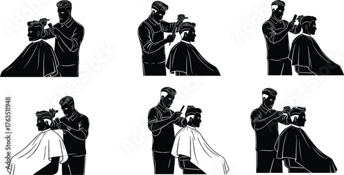 Barbering Process Silhouettes Vector Set – Step-by-Step Haircut Scenes with Scissors, Clippers, Capes for Grooming, Salon, and Training Themes