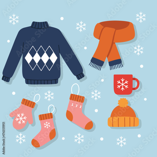 Cozy Winter Clothing and Accessories Collection with Snowflakes.