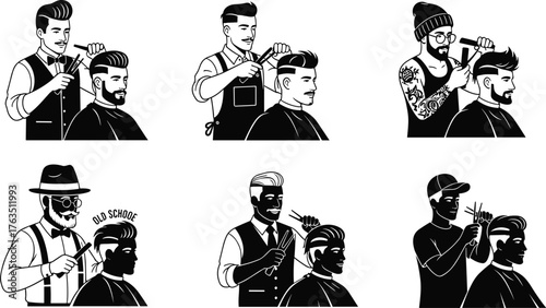Barber Silhouettes Vector Set – Stylists Cutting Hair in Classic and Modern Poses for Grooming, Haircare, and Salon Themes