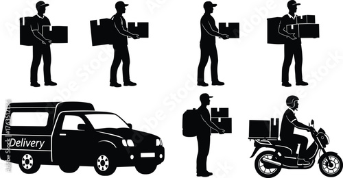 WebDelivery Silhouettes Vector Set – Couriers with Boxes, Backpack, Motorcycle, Van in Various Transport and Logistics Poses for Shipping Themes