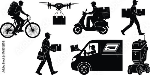 Modern Delivery Silhouettes Vector Set – Couriers, Drone, Robot, Van, Scooter, Bicycle in Diverse Logistics and Transportation Scenarios