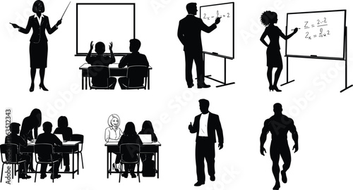 Classroom Silhouettes Vector Set – Teachers and Students in Educational Scenes with Whiteboards, Desks, Books, and Learning Poses for School Themes