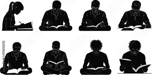 Reading Silhouettes Vector Set – Seated Students and Book Lovers at Desks and Cross-Legged for Education, Literacy, and Study Themes