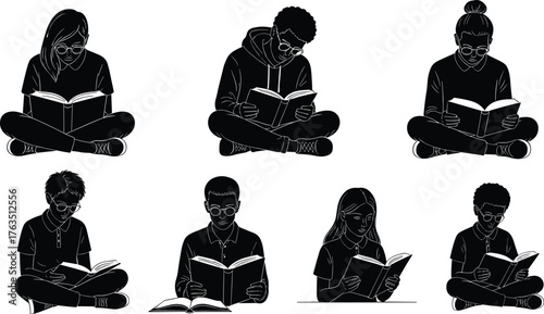 Reading Silhouettes Vector Set – Cross-Legged Book Lovers with Glasses in Study Poses for Education, Literacy, Library, and Learning Themes
