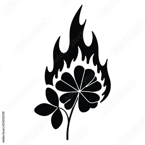 Burning four leaf clover symbol of luck illustration in black silhouette