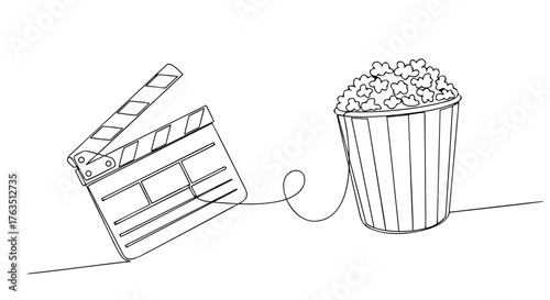 Cinema night essentials featuring a clapperboard and popcorn bucket drawn with one continuous line art style