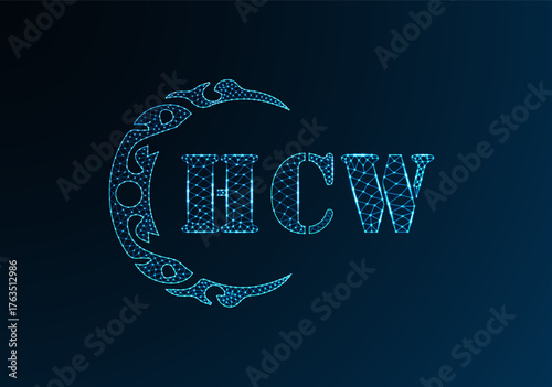 Low poly letter logo HCW design. HCW letter logo low poly vector design on blue color gradient background. HCW logo low poly design