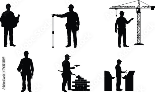 Construction Worker Silhouettes Vector Set – Surveying, Planning, Masonry, Machinery Operation, Labor Roles and Tools for Industrial Site Illustrations