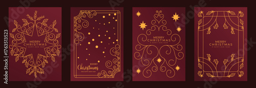 Elegant Merry Christmas and Happy New Year greeting card vector set with gold line art decorations, green background, holiday frames for celebration	
