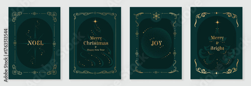 Elegant Merry Christmas and Happy New Year greeting card vector set with gold line art decorations, green background, holiday frames for celebration	
