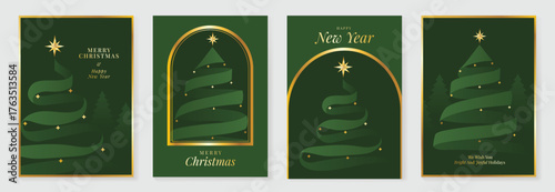 Luxury Christmas and New Year Greeting Card Vector Set with Golden Ribbon Pine Tree in Green Background for Invitations, Posters, Wall Art, Social Media, Packaging, and Holiday Decorations