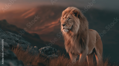 Majestic Lion Gazing Across the Landscape at Dawn A Symbol of Strength and Dignity