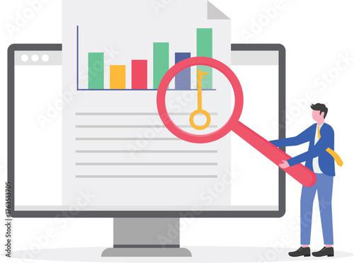 Businessman examining document with graph using magnifying glass marked with key illustration of solution to improve business performance

