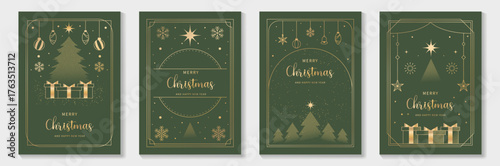 Elegant Merry Christmas and Happy New Year greeting card vector set with gold line art decorations, green background, holiday frames for celebration	
