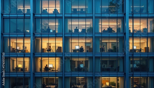 Modern office building facade at night. Illuminated windows show people working late inside cubicles. Business center exterior sleek glass architecture. Employees work diligently, computers glow.