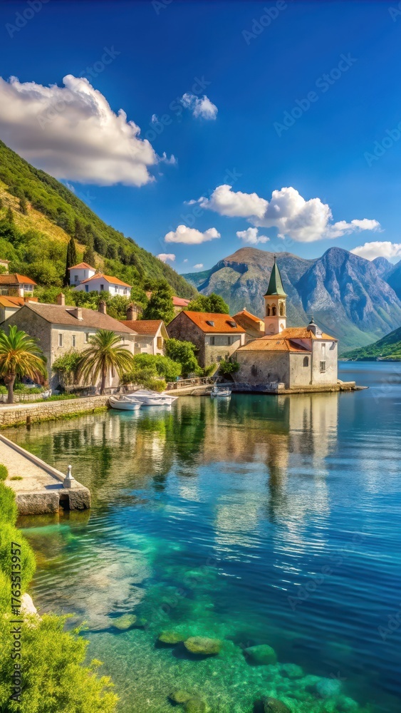 Fototapeta premium Sunny seaside village scene of Donji Stoliv Bay of Kotor