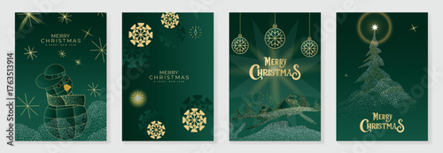 Luxury Christmas Greeting Card Vector Set with Golden Snowman, Snowflakes, Ornaments, and Pine Tree on Green Background for Invitations, Posters, Wall Art, Social Media, Packaging, and Holiday Decorat