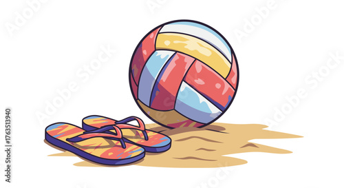 Vibrant beach volleyball and flip flops on sand scene with summer colors