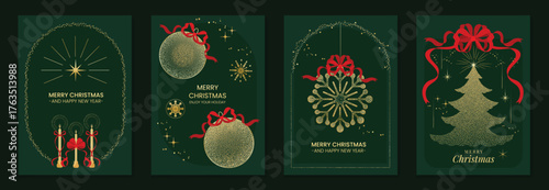 Elegant Christmas Greeting Card Vector Set with Ornaments, Candles, Geometric Star, and Golden Tree for Invitations, Posters, Backgrounds, Social Media, and Holiday Packaging