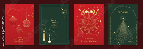 Elegant Christmas Greeting Card Vector Set with Ornaments, Candles, Geometric Star, and Golden Tree for Invitations, Posters, Backgrounds, Social Media, and Holiday Packaging