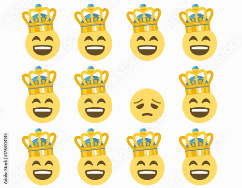 Vector illustration showing a pattern of smiling emoji faces with crowns and one disappointed face among them, symbolizing sadness, insecurity, failure, or feeling different amid success and joy.