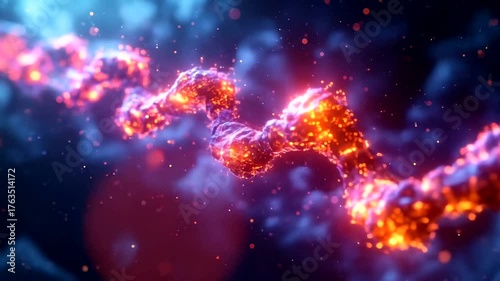 Illuminated molecular structure resembling a double helix in dark space