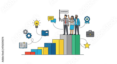 Professional business team achieving success on a growth bar chart, symbolizing collaborative strategy, innovative ideas, and career development milestones