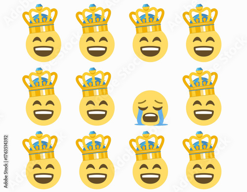 Vector illustration of multiple smiling emoji faces with crowns and one crying face among them, symbolizing sadness, loneliness, or feeling out of place amid happiness and success.