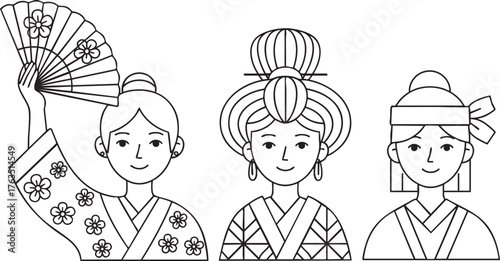 A black and white line art illustration of three smiling Japanese women in traditional kimonos and hairstyles.