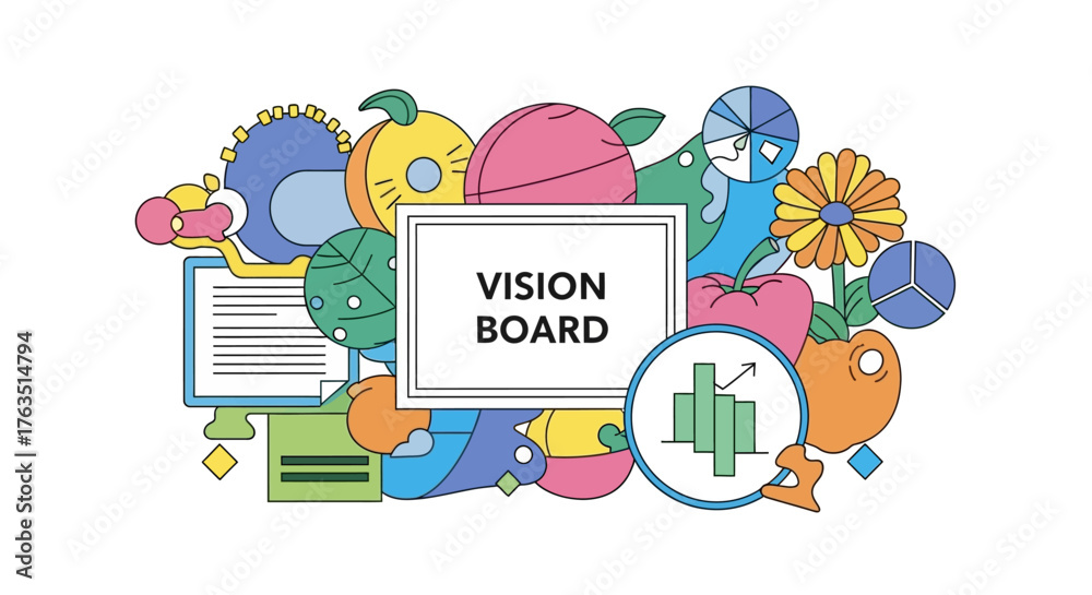 Naklejka premium Creative Vision Board Illustration with Inspiring Elements and Goal Setting Graphics