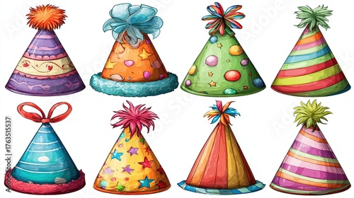 Top-array flat birthday hats in geometric high-sat hues, right negative space, social header, invite card or mobile wallpaper vector