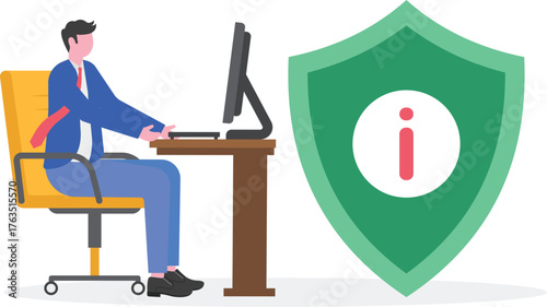 Businessman Standing Beside Shield with Information Icon Illustration of Information Confidentiality
