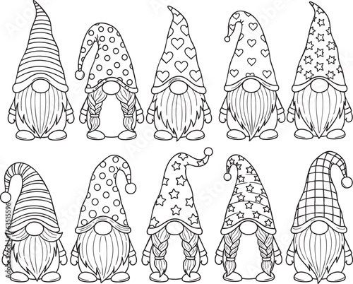 A collection of ten whimsical black and white line art gnomes with unique patterned hats long beards and braids standing in two rows.