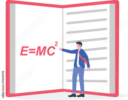 Professor teaching formula on blackboard near open book holding stick and book illustration of sharing knowledge gained through reading
