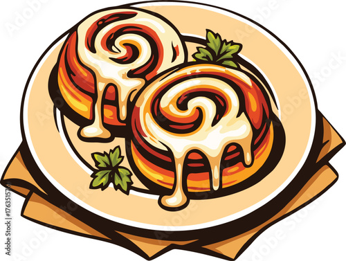 Sweet cinnamon rolls with icing glaze served on a plate for breakfast